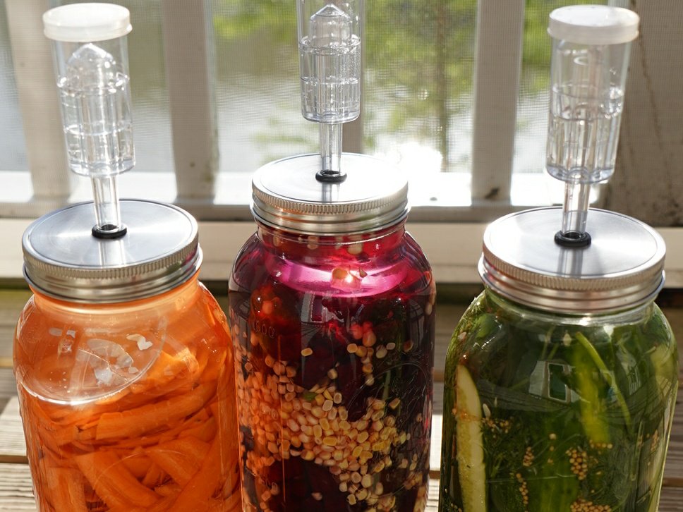 Dill Pickles, Lacto-Fermented Carrot Ribbons, and Lacto-Fermented Beets, Corn, & Snap&nbsp;Peas